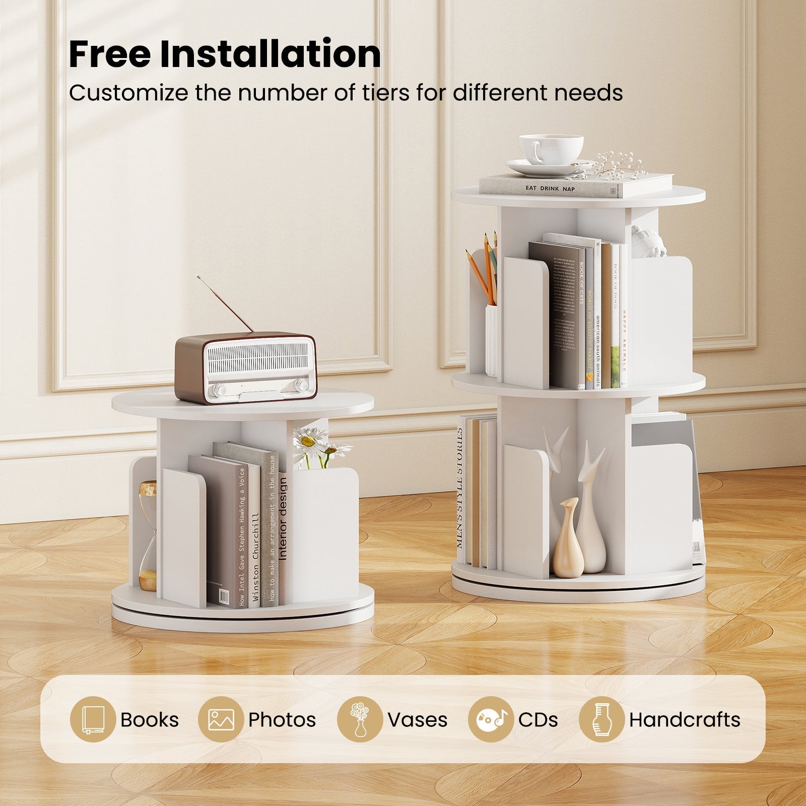 2-Tier Rotating Bookshelf with Dividers and Anti-falling Baffles