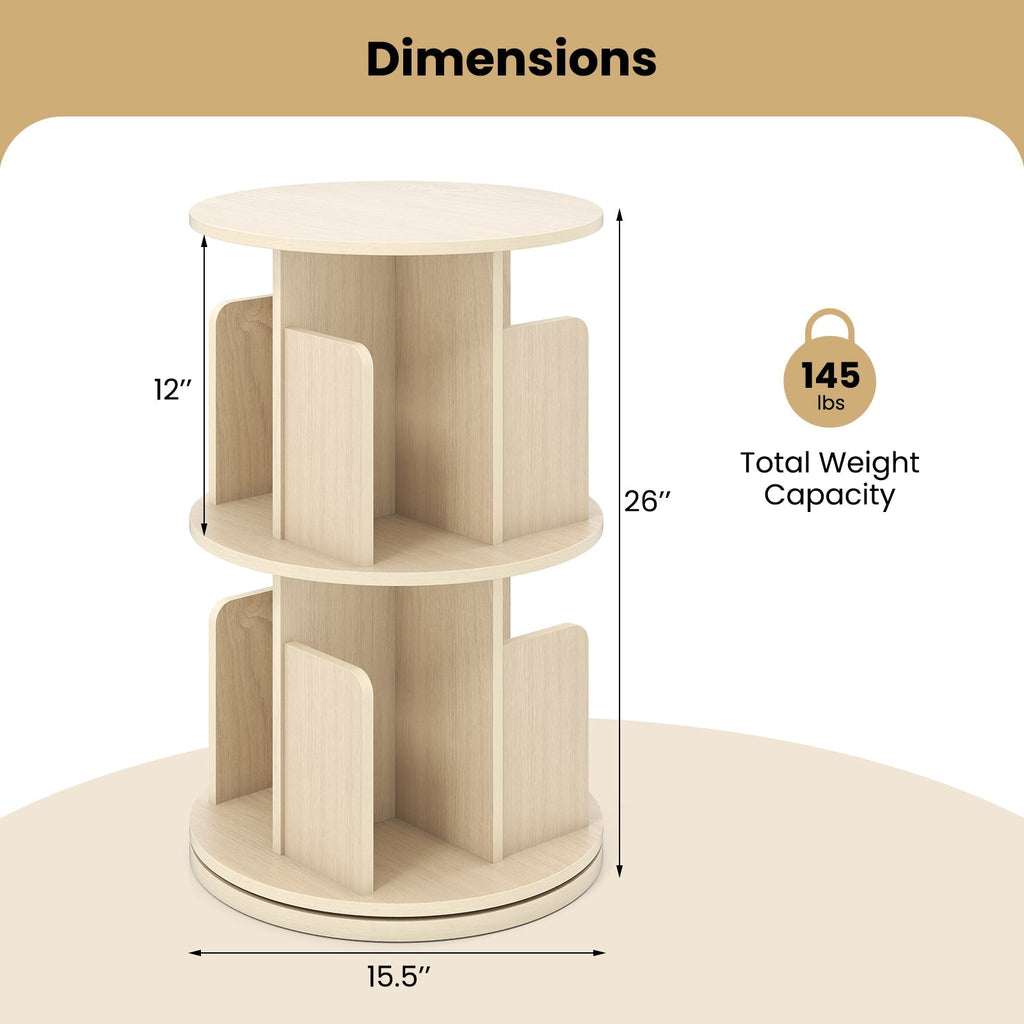 2-Tier Rotating Bookshelf with Dividers and Anti-falling Baffles