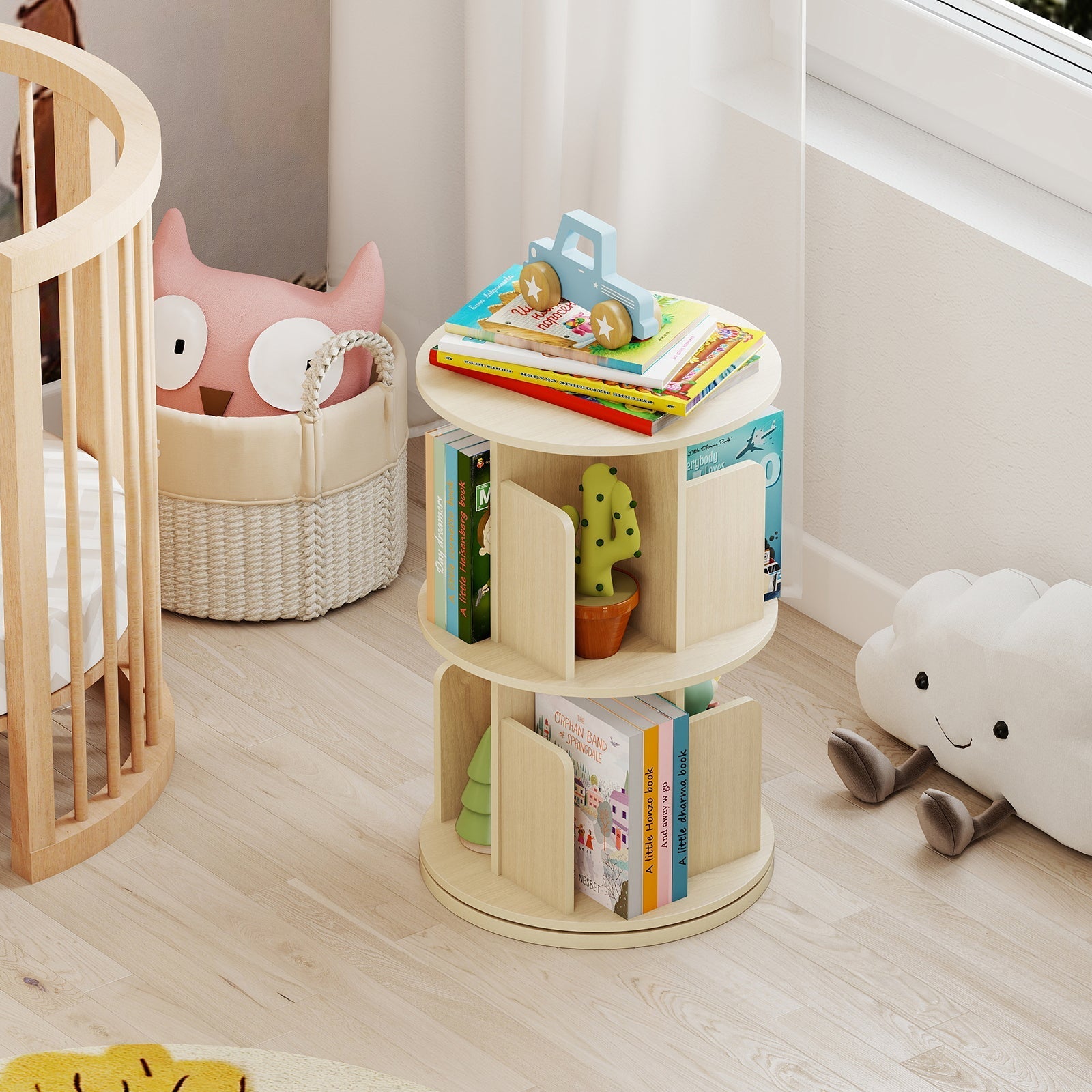 2-Tier Rotating Bookshelf with Dividers and Anti-falling Baffles