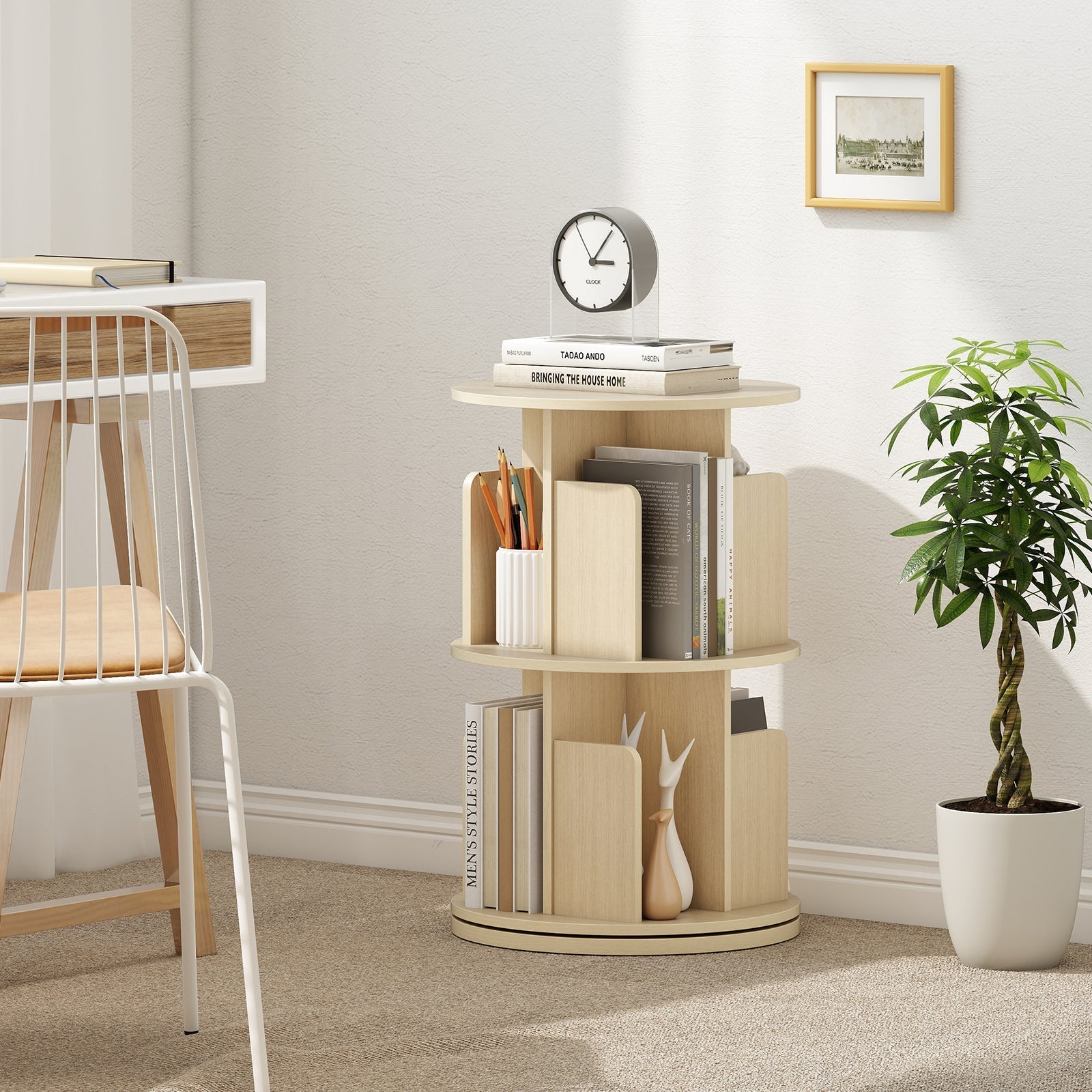 2-Tier Rotating Bookshelf with Dividers and Anti-falling Baffles
