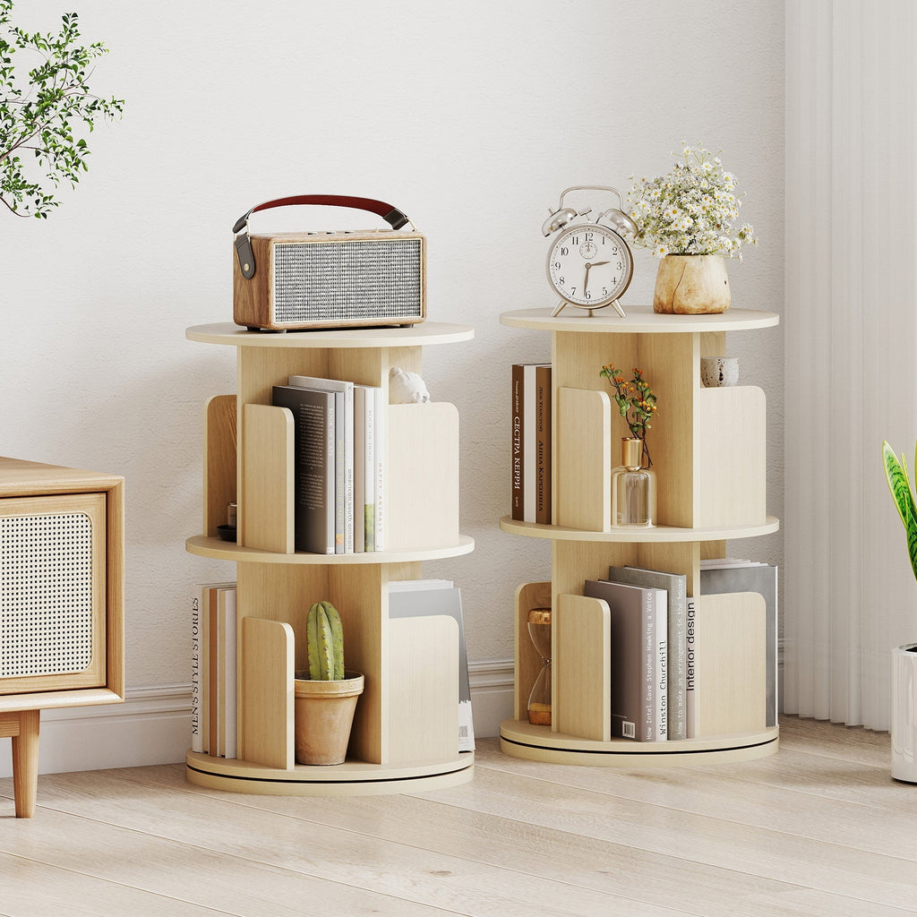 2-Tier Rotating Bookshelf with Dividers and Anti-falling Baffles