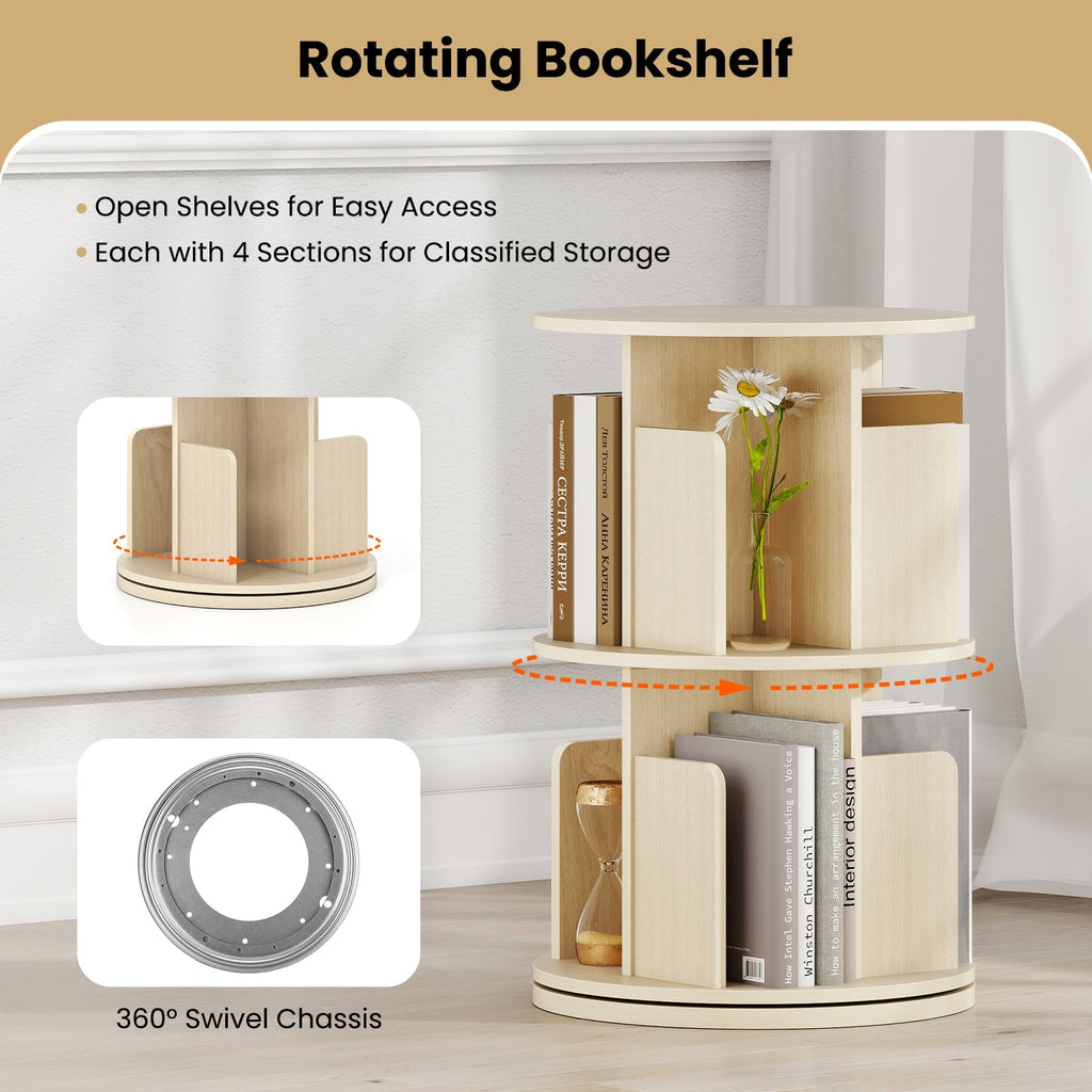 2-Tier Rotating Bookshelf with Dividers and Anti-falling Baffles