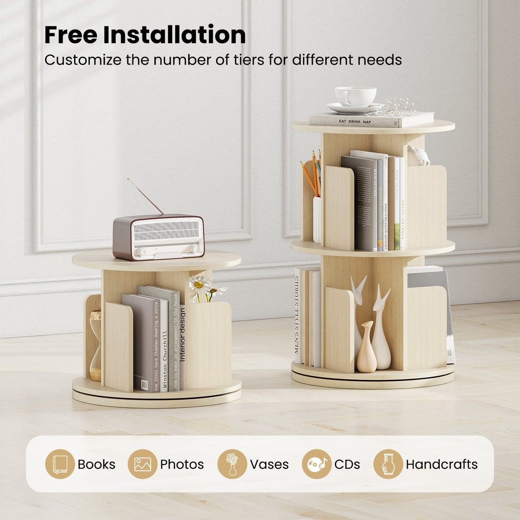 2-Tier Rotating Bookshelf with Dividers and Anti-falling Baffles