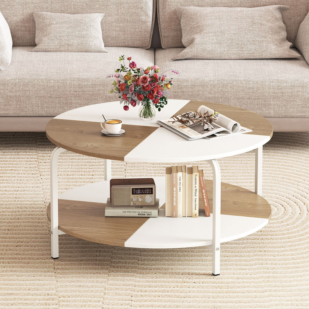 2-Tier Round Coffee Table Metal Frame with Storage Shelf