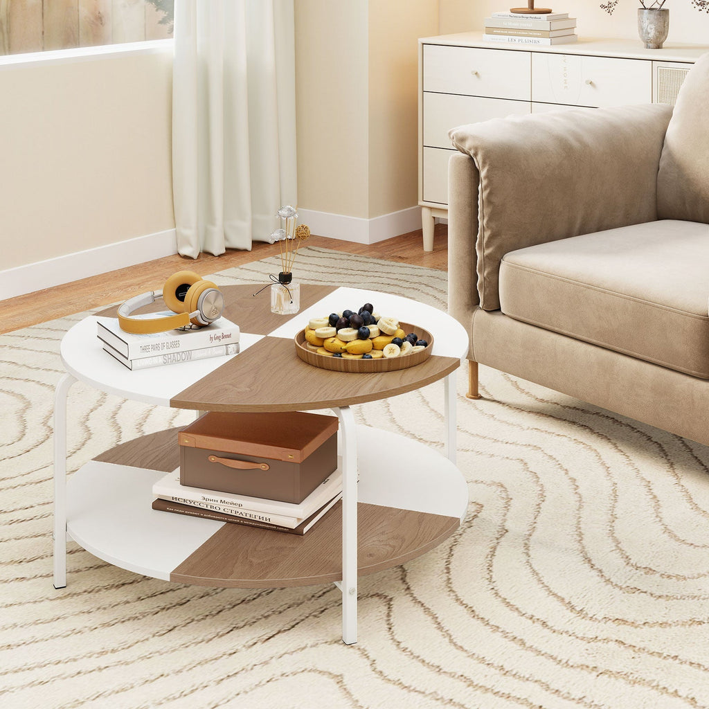 2-Tier Round Coffee Table Metal Frame with Storage Shelf