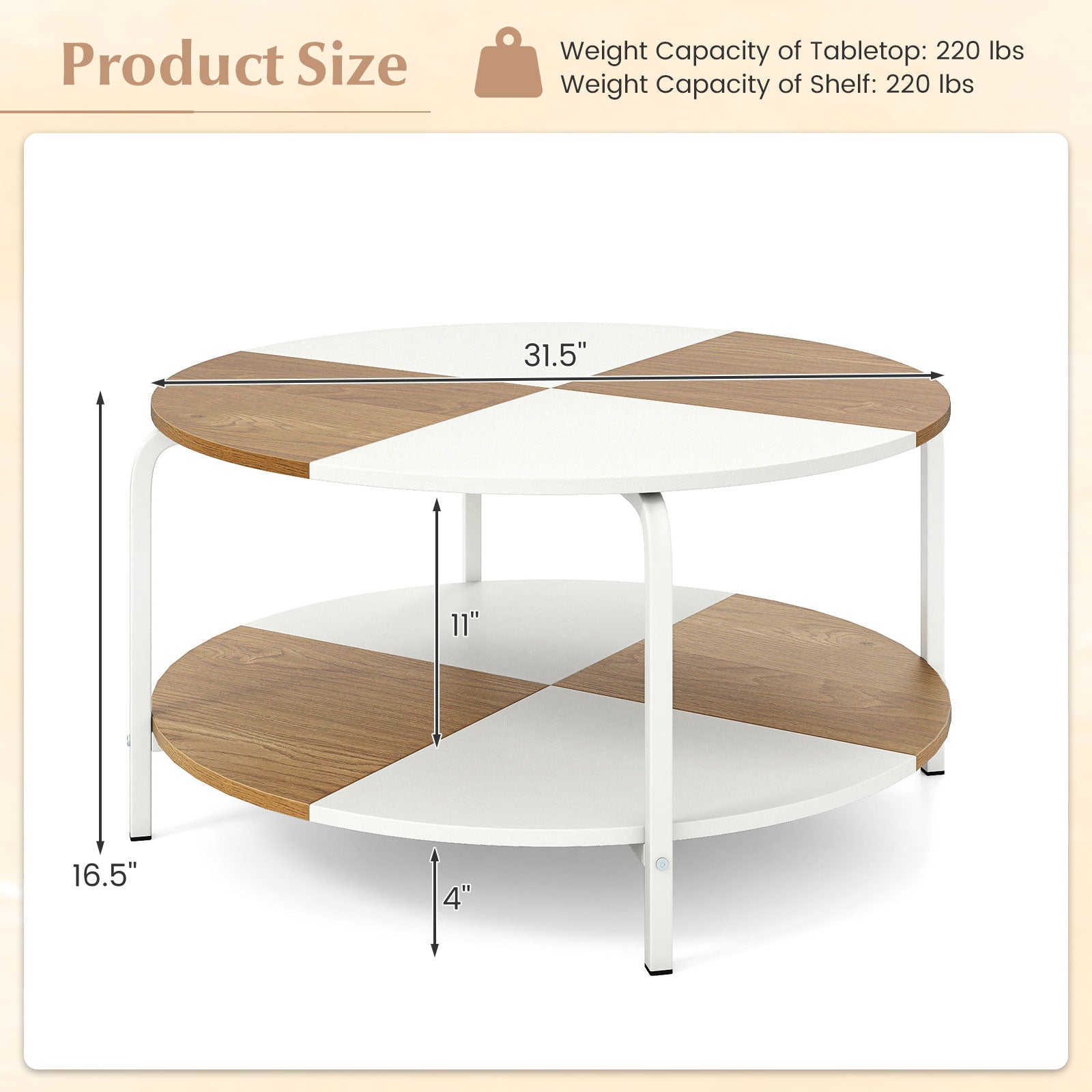 2-Tier Round Coffee Table Metal Frame with Storage Shelf