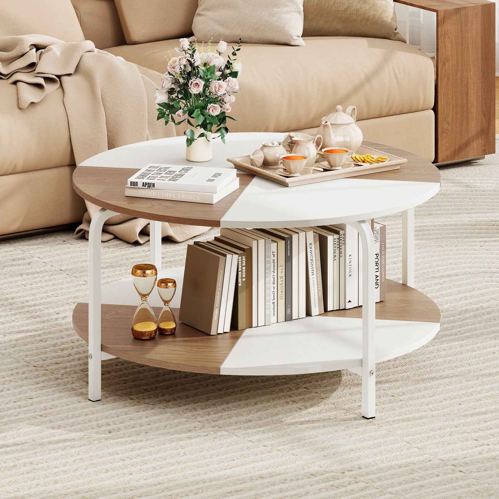 2-Tier Round Coffee Table Metal Frame with Storage Shelf