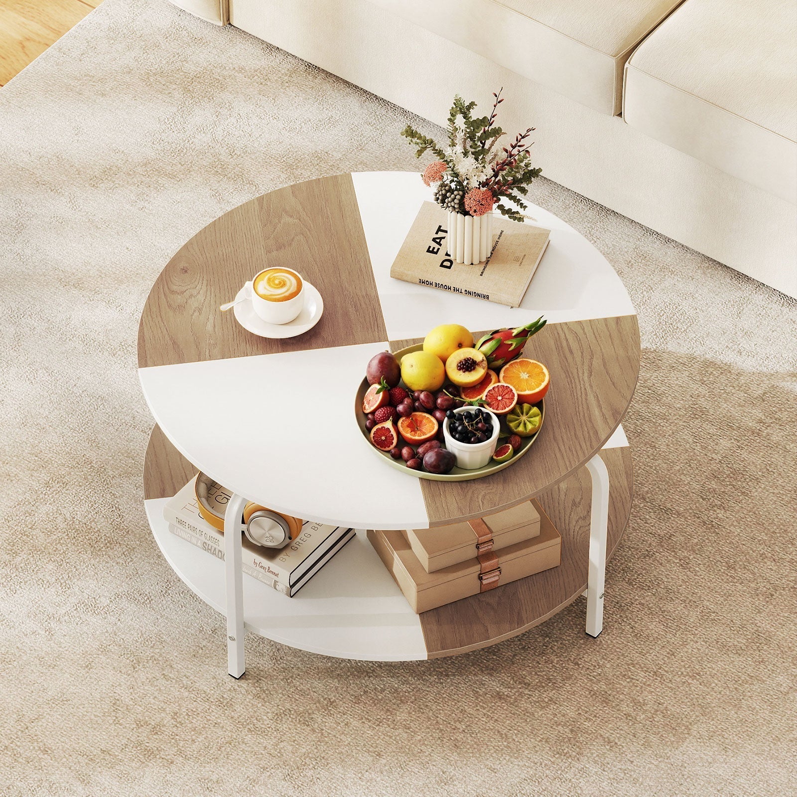 2-Tier Round Coffee Table Metal Frame with Storage Shelf