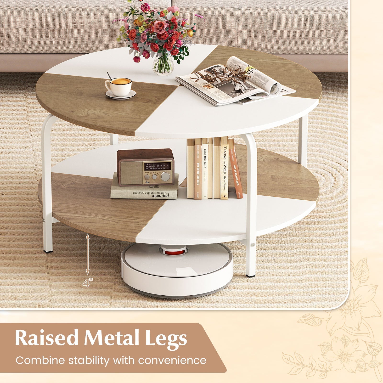 2-Tier Round Coffee Table Metal Frame with Storage Shelf