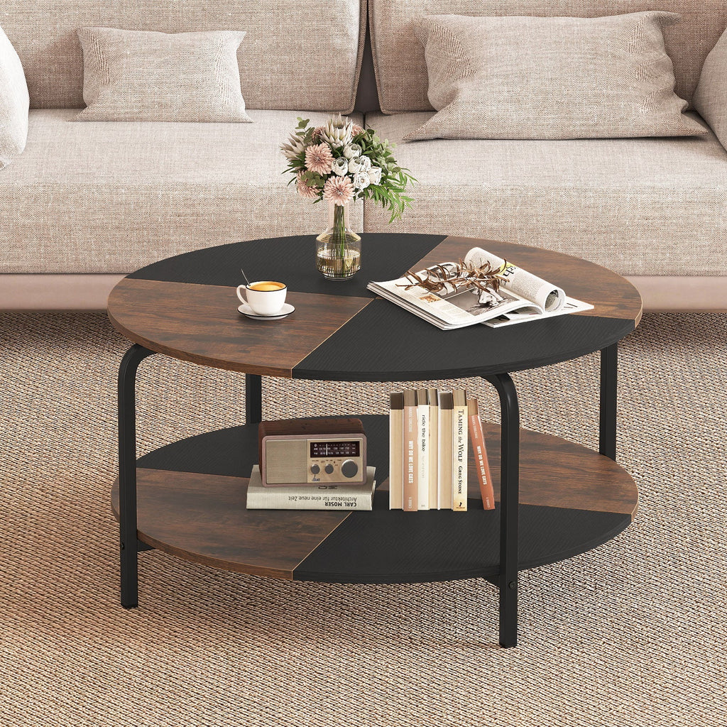 2-Tier Round Coffee Table Metal Frame with Storage Shelf