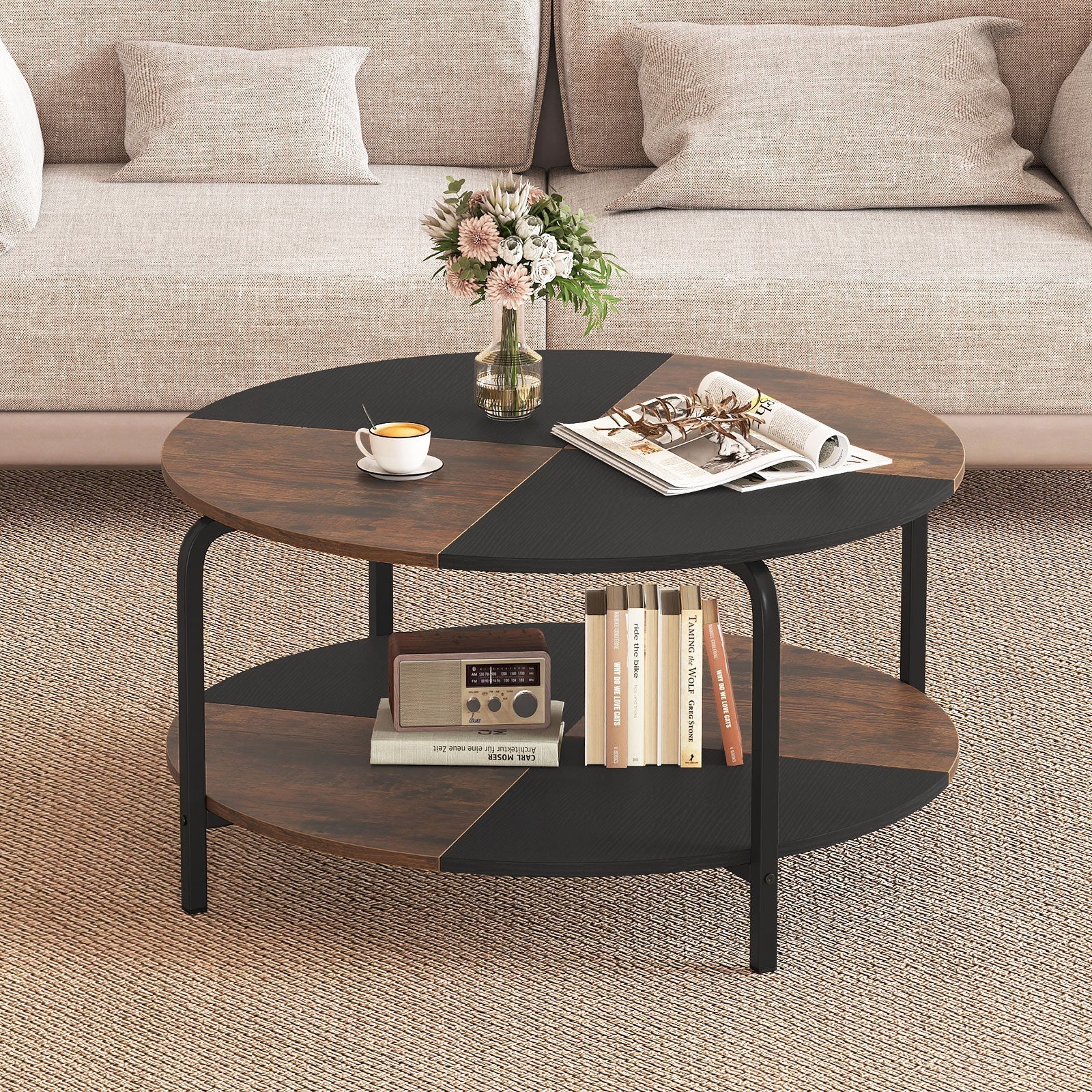 2-Tier Round Coffee Table Metal Frame with Storage Shelf