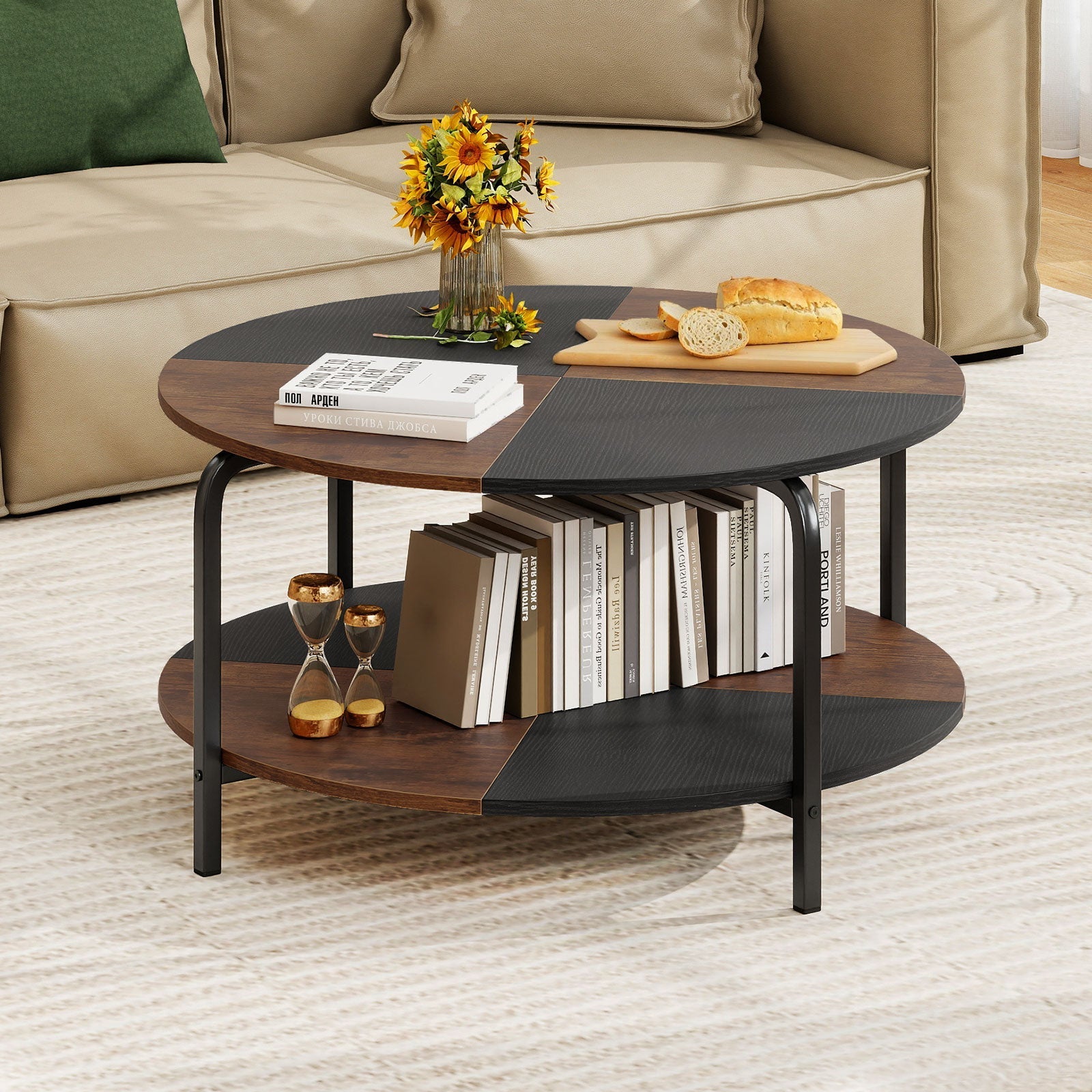 2-Tier Round Coffee Table Metal Frame with Storage Shelf