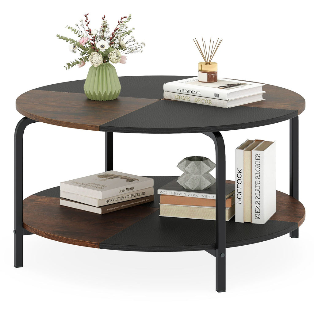 2-Tier Round Coffee Table Metal Frame with Storage Shelf