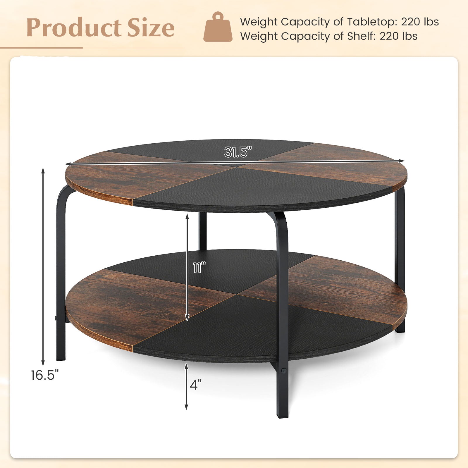 2-Tier Round Coffee Table Metal Frame with Storage Shelf