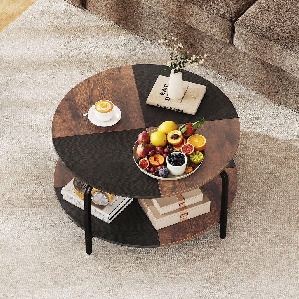 2-Tier Round Coffee Table Metal Frame with Storage Shelf