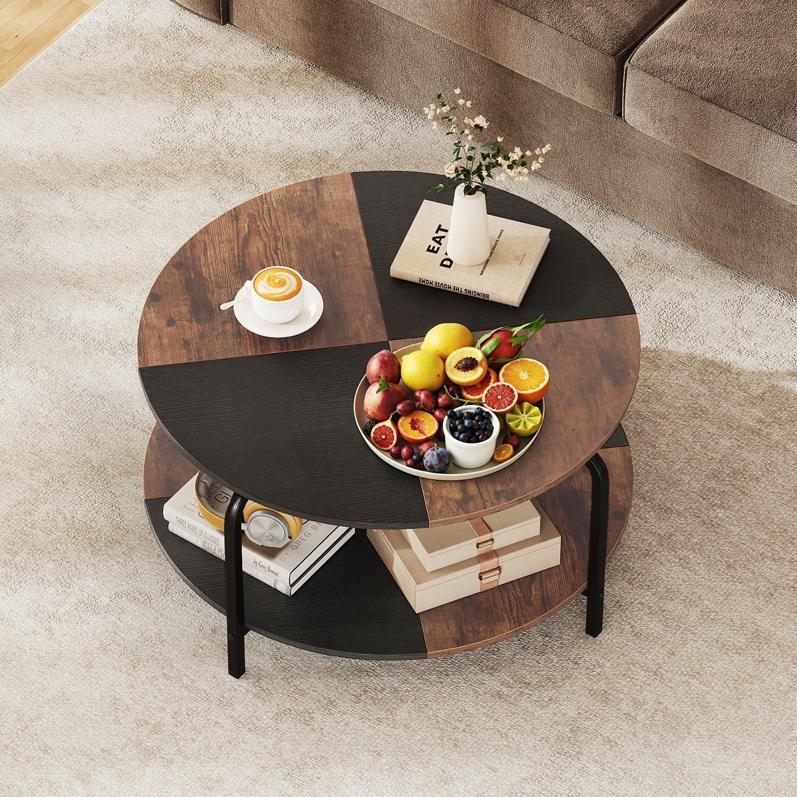 2-Tier Round Coffee Table Metal Frame with Storage Shelf