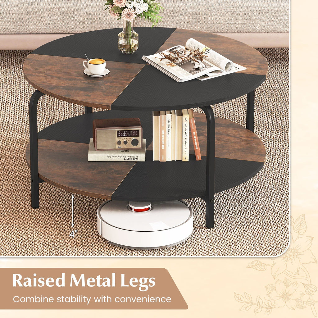 2-Tier Round Coffee Table Metal Frame with Storage Shelf