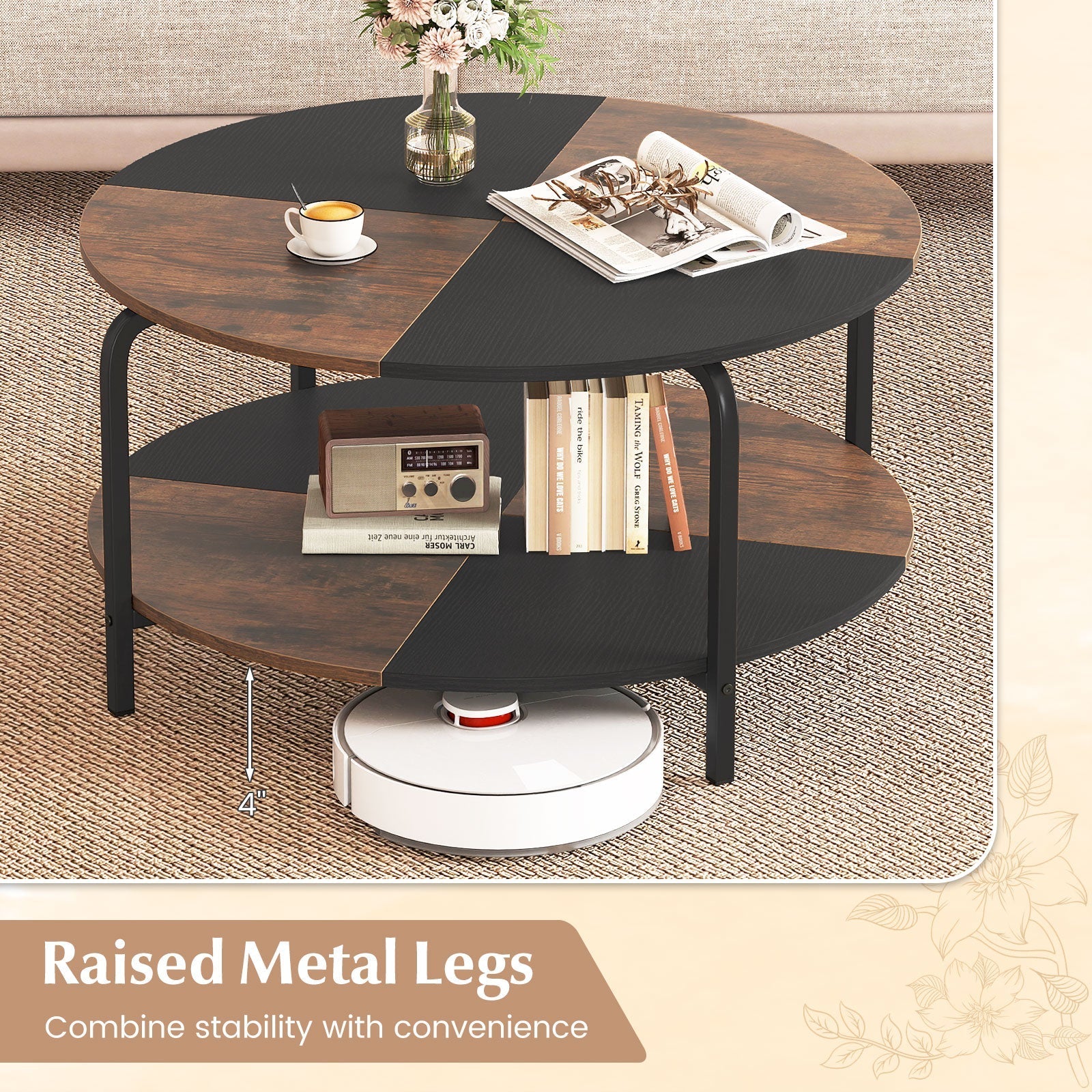 2-Tier Round Coffee Table Metal Frame with Storage Shelf