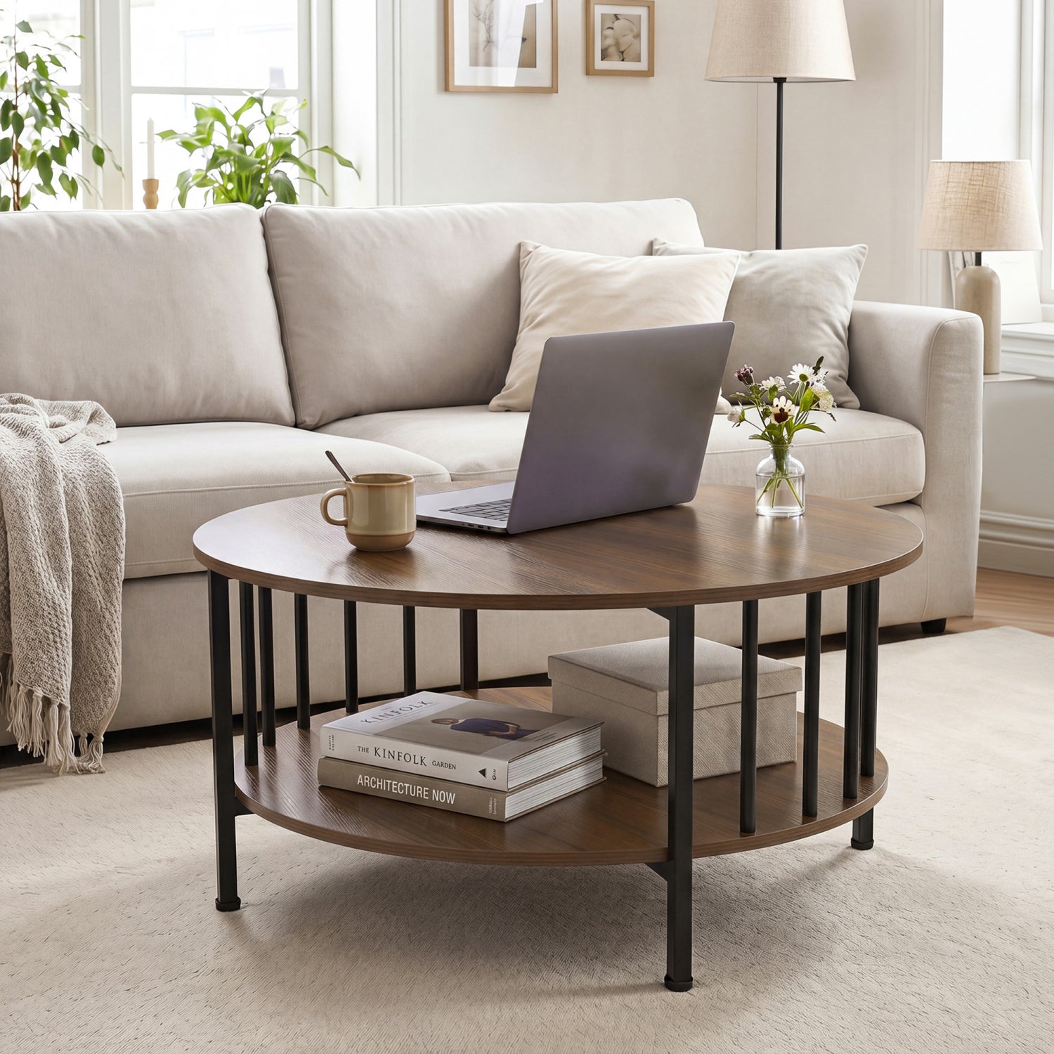 Round Coffee Table with Storage Shelf and Metal Frame