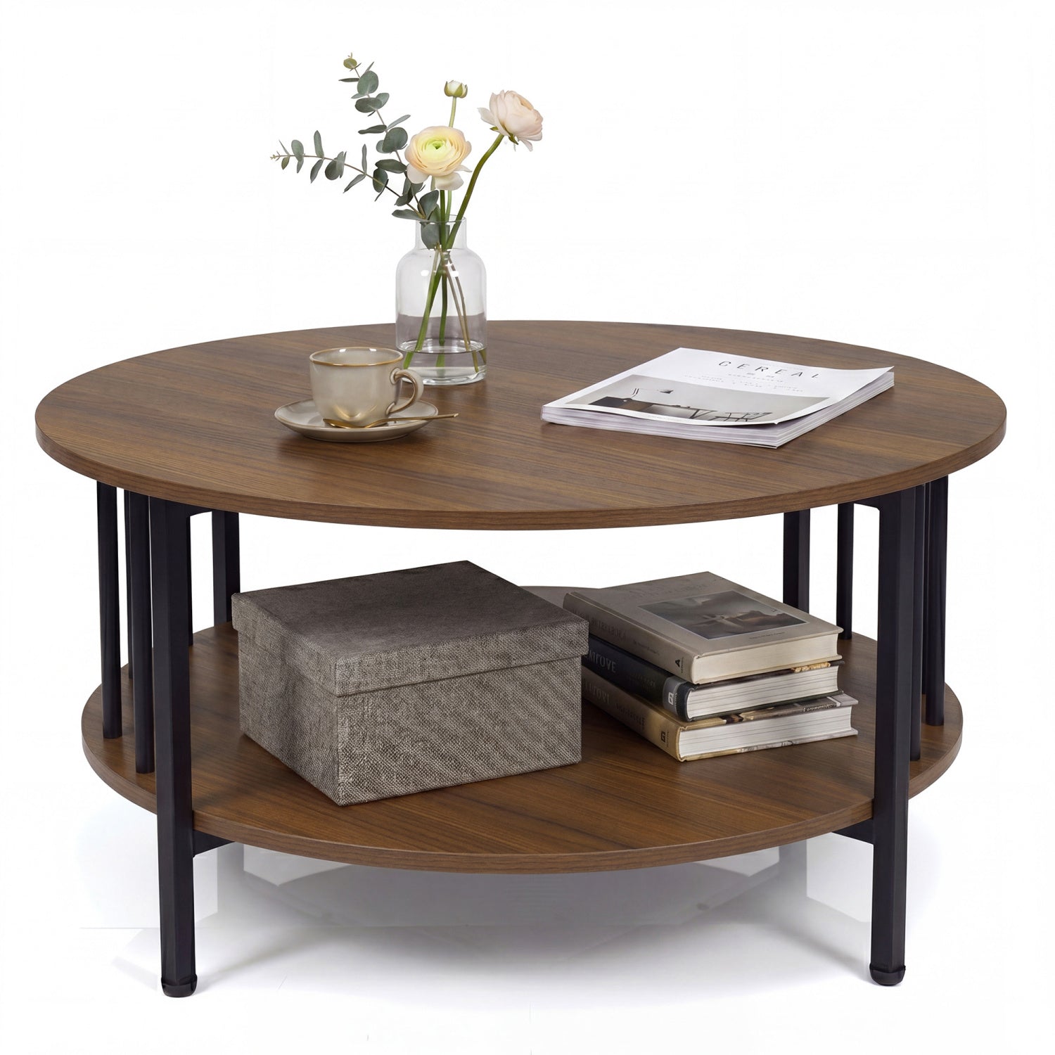 Round Coffee Table with Storage Shelf and Metal Frame