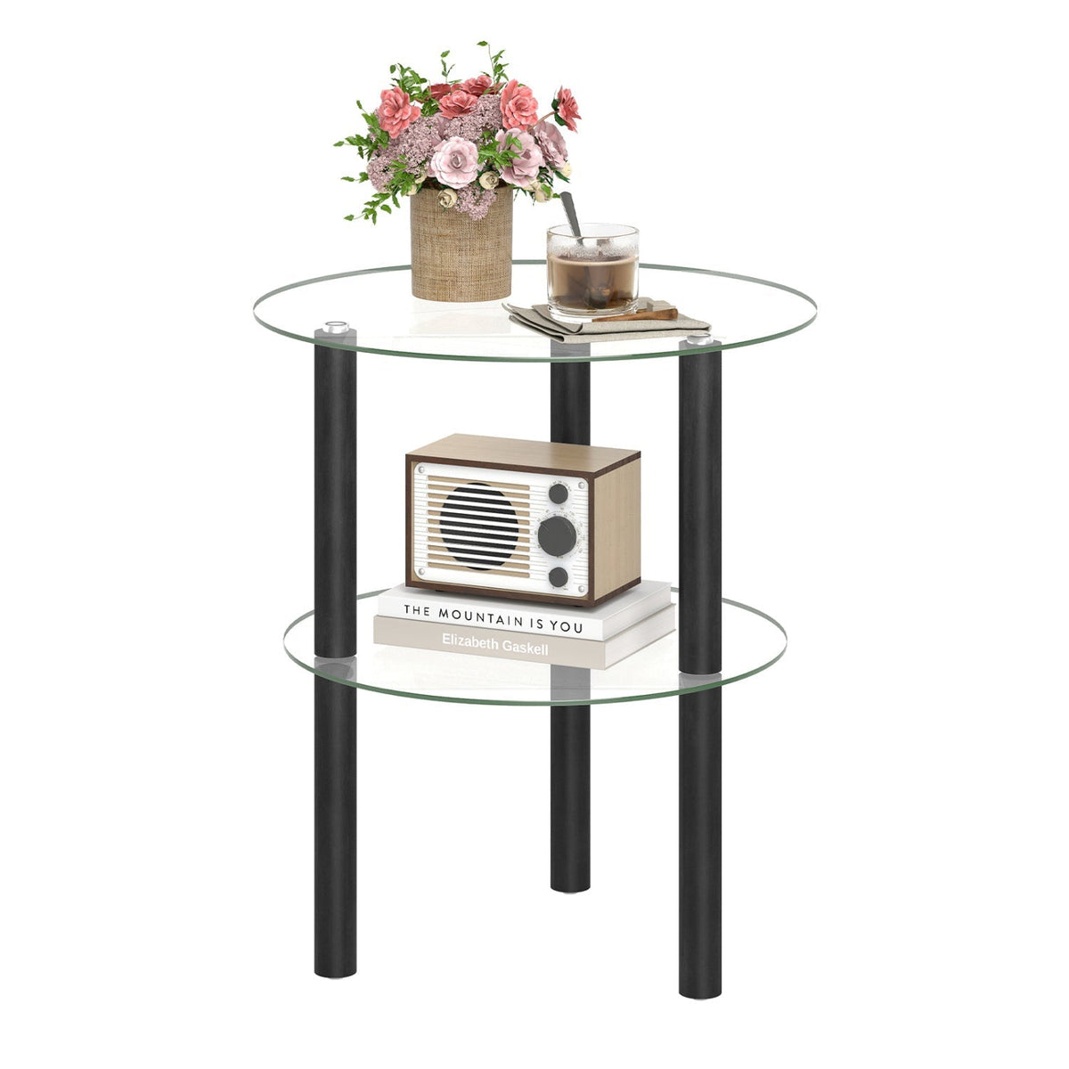 Round End Table with Tempered Glass Top and Shelf