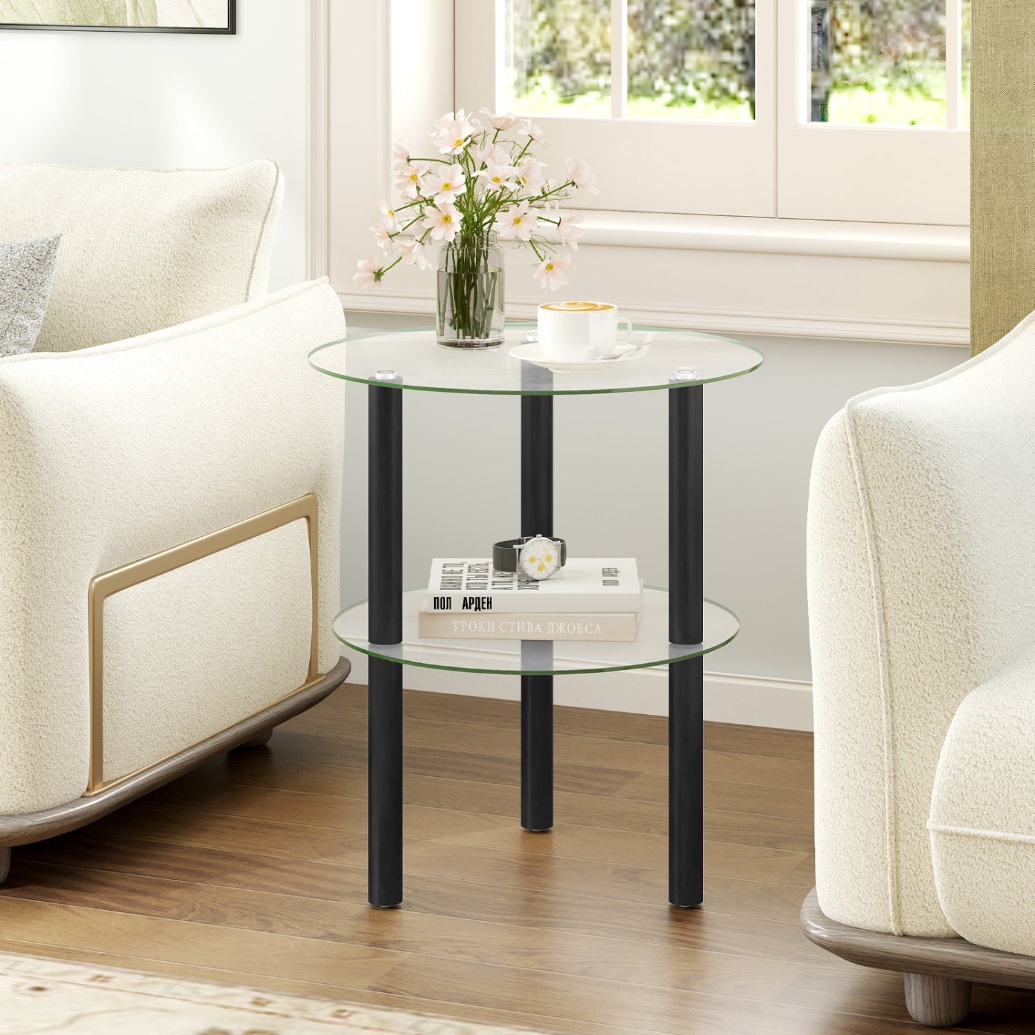 Round End Table with Tempered Glass Top and Shelf