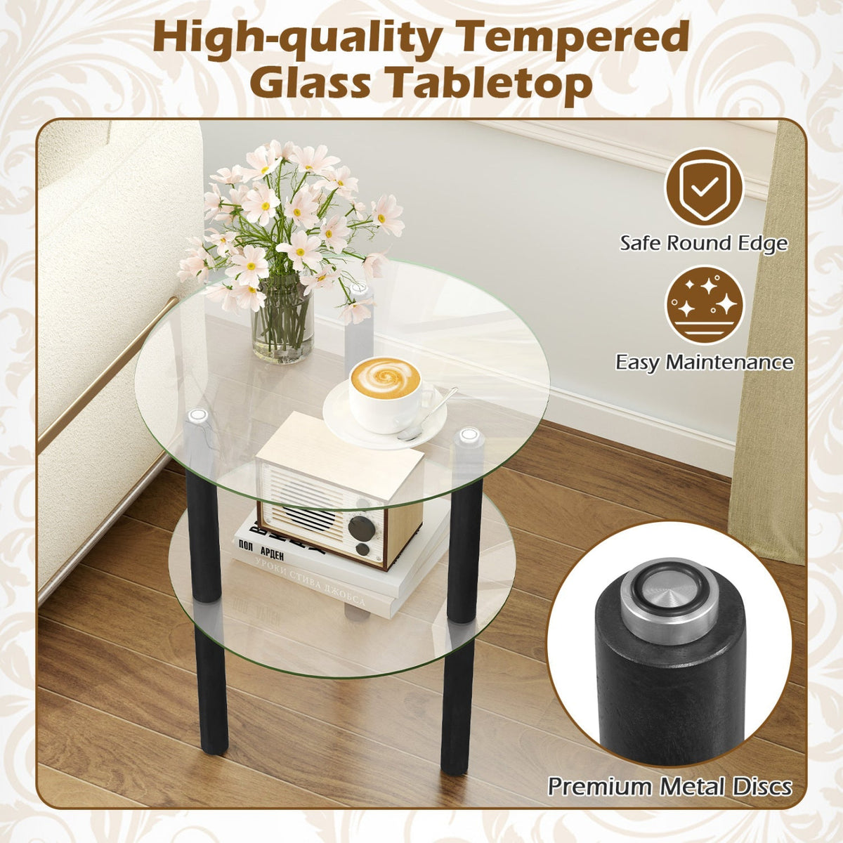 Round End Table with Tempered Glass Top and Shelf
