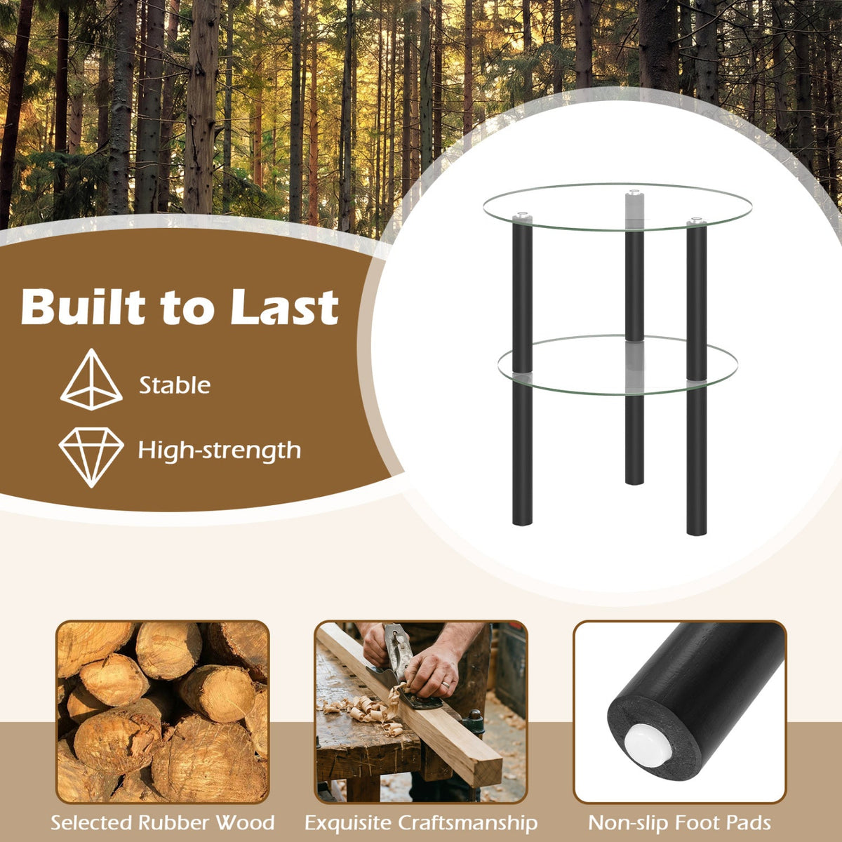 Round End Table with Tempered Glass Top and Shelf