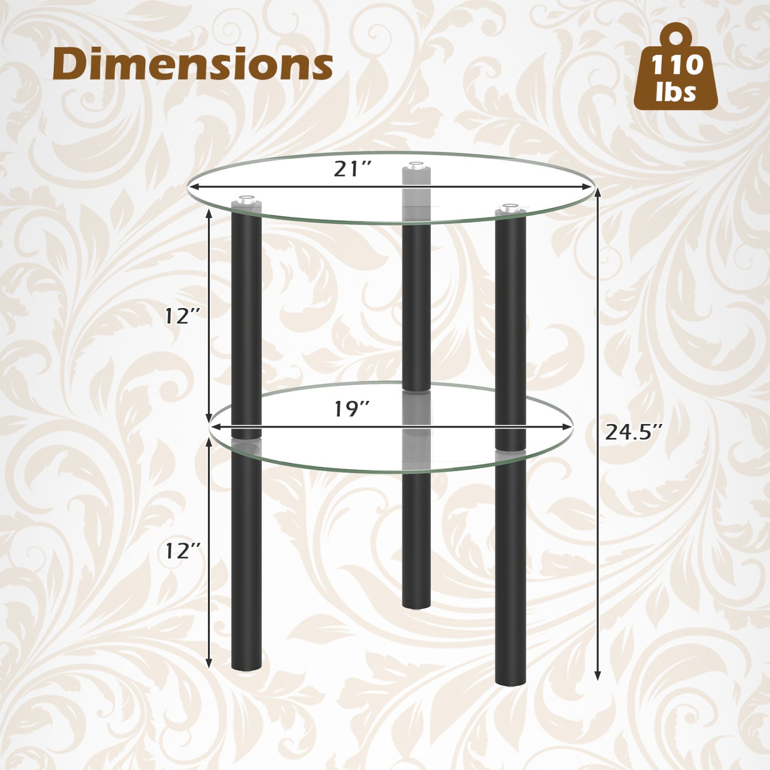 Round End Table with Tempered Glass Top and Shelf