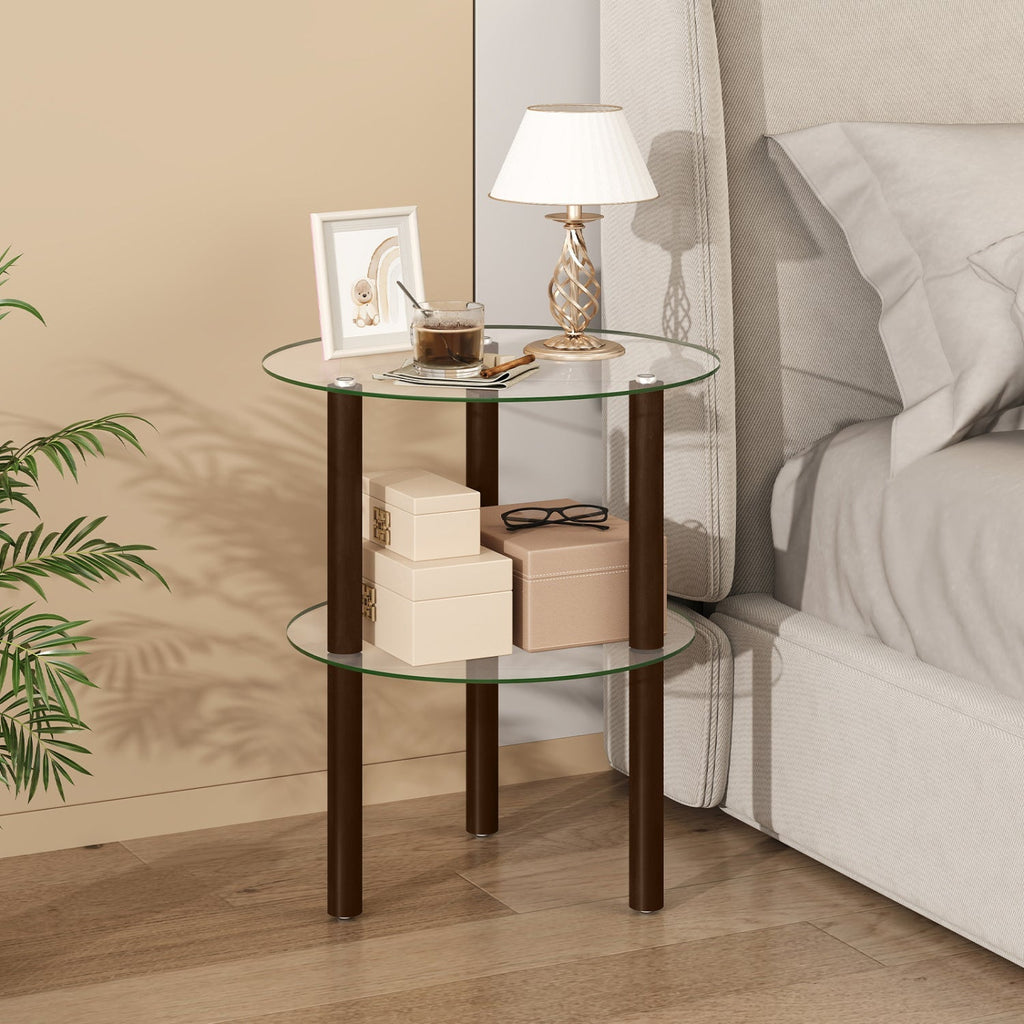 Round End Table with Tempered Glass Top and Shelf