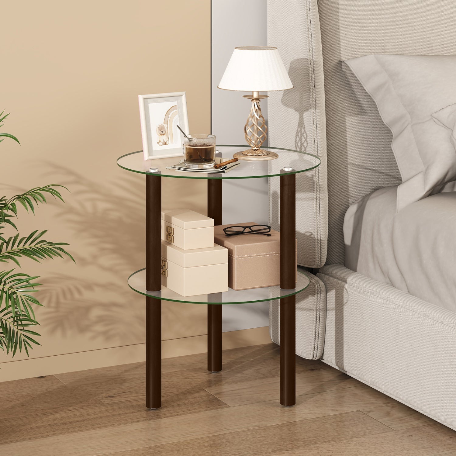 Round End Table with Tempered Glass Top and Shelf
