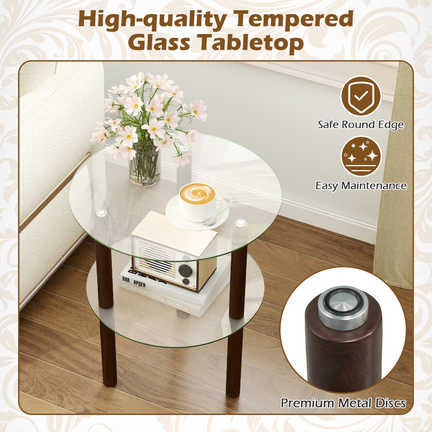 Round End Table with Tempered Glass Top and Shelf
