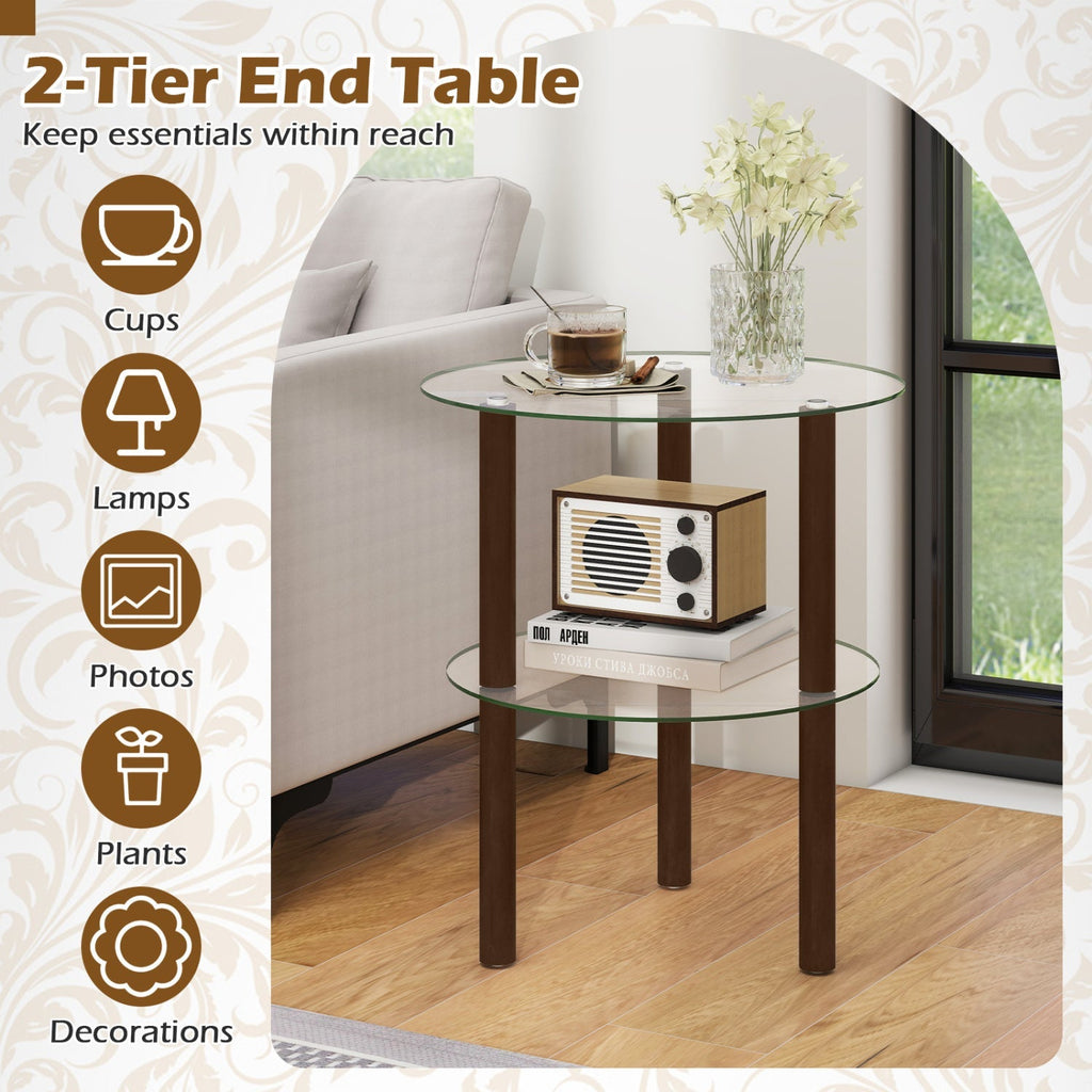 Round End Table with Tempered Glass Top and Shelf