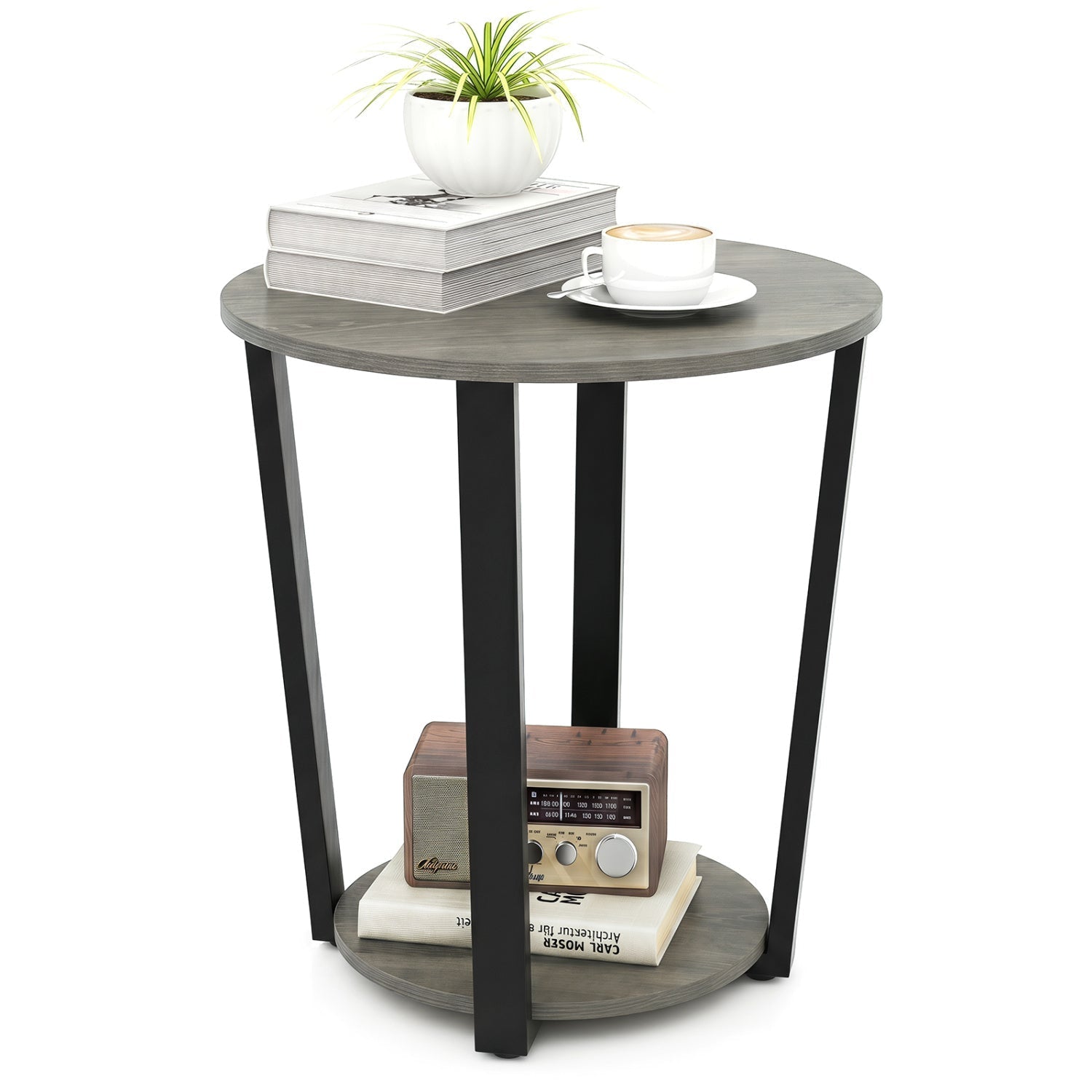 Round End Table with Storage Shelf and Metal Frame
