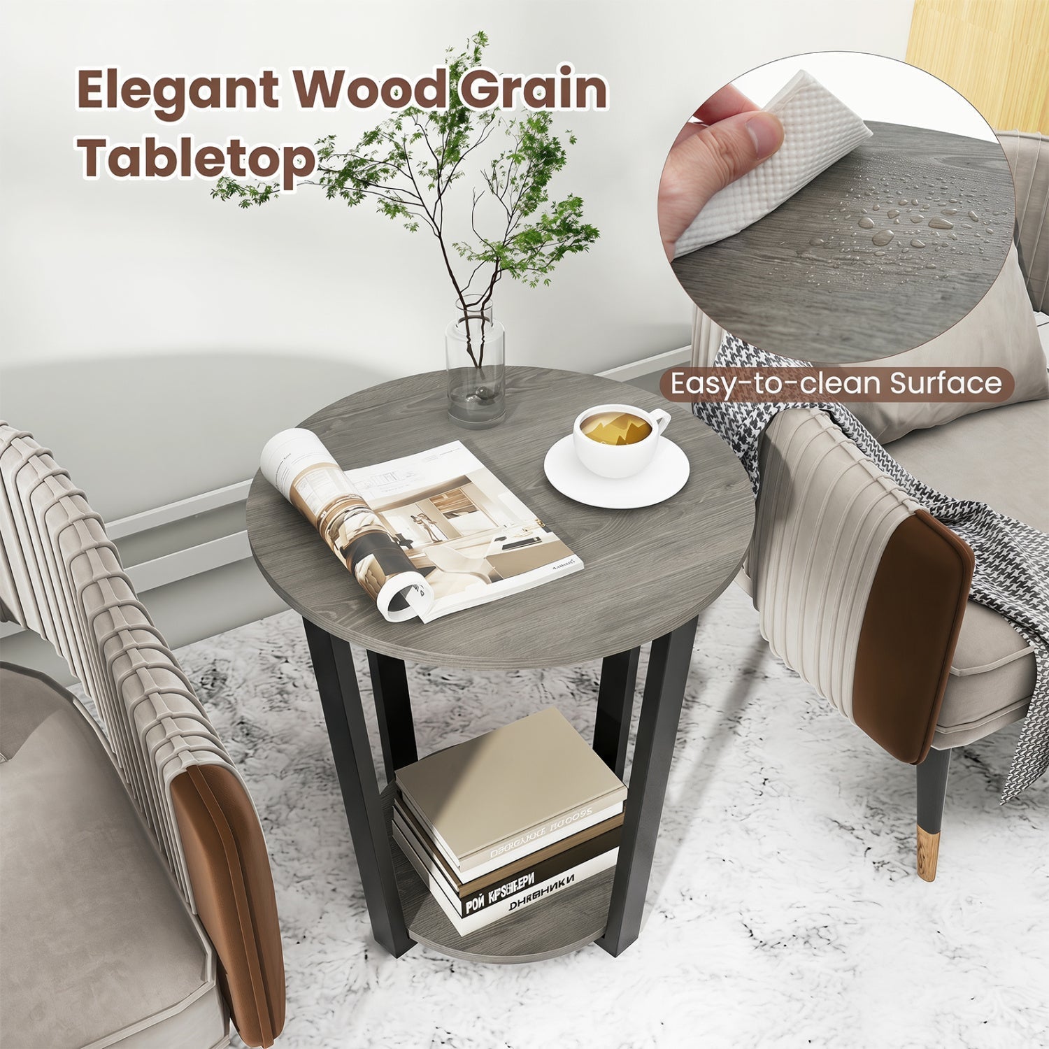 Round End Table with Storage Shelf and Metal Frame