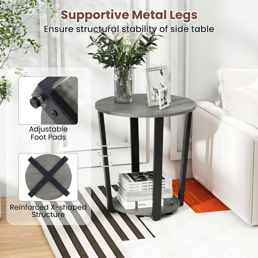 Round End Table with Storage Shelf and Metal Frame