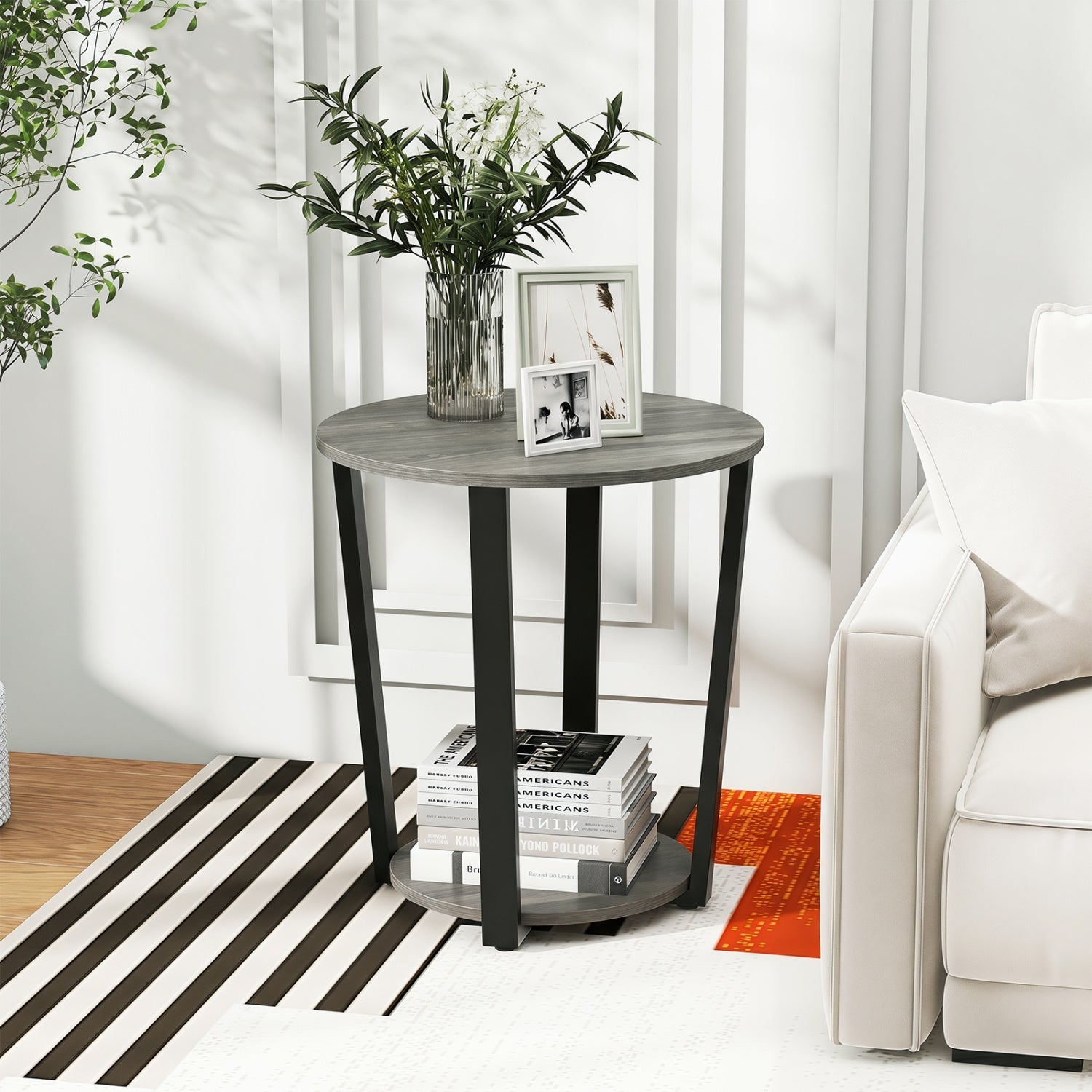 Round End Table with Storage Shelf and Metal Frame