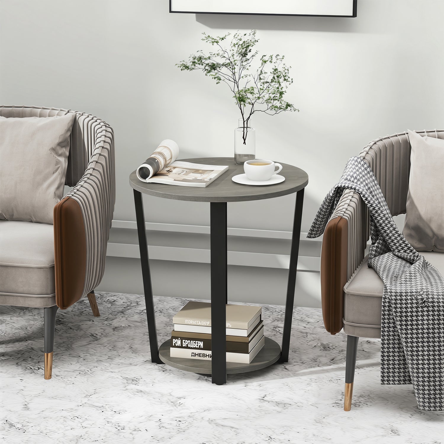 Round End Table with Storage Shelf and Metal Frame