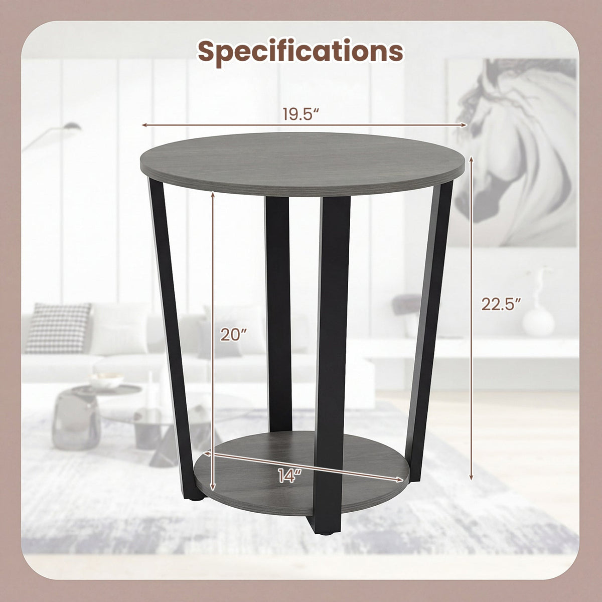 Round End Table with Storage Shelf and Metal Frame