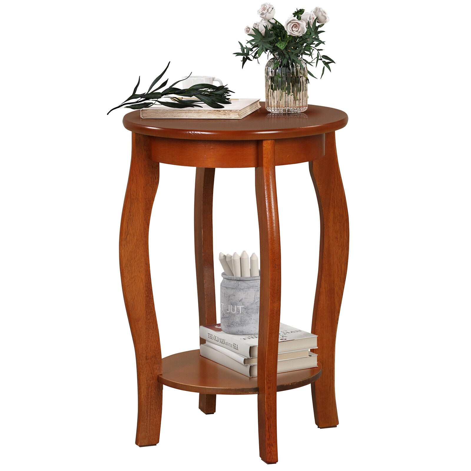 15 Inch 2-Tier Round End Table with Storage Shelf