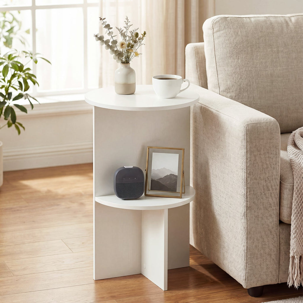 Round Side Table with Storage Shelf, 2-Tier White