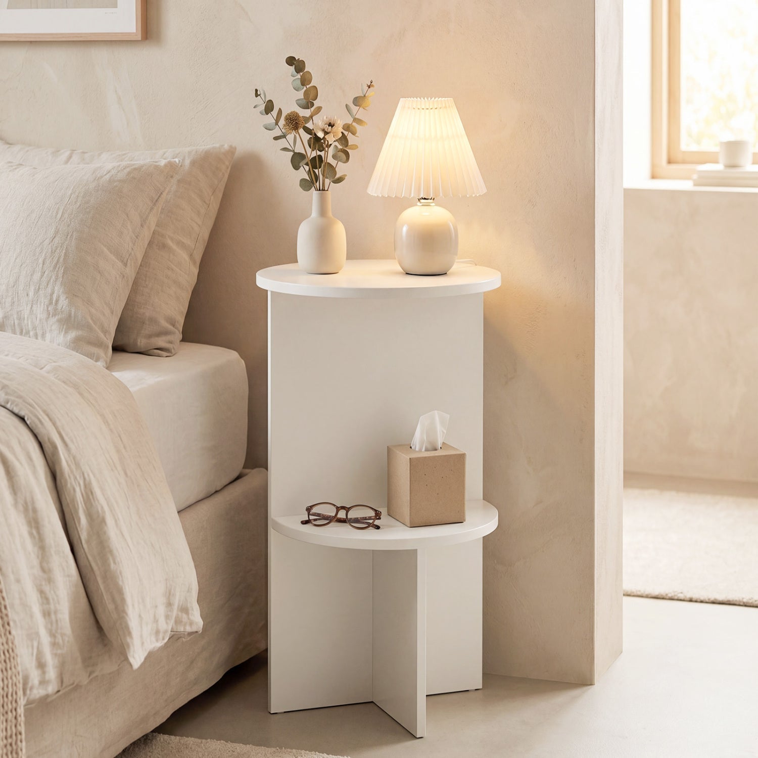 Round Side Table with Storage Shelf, 2-Tier White