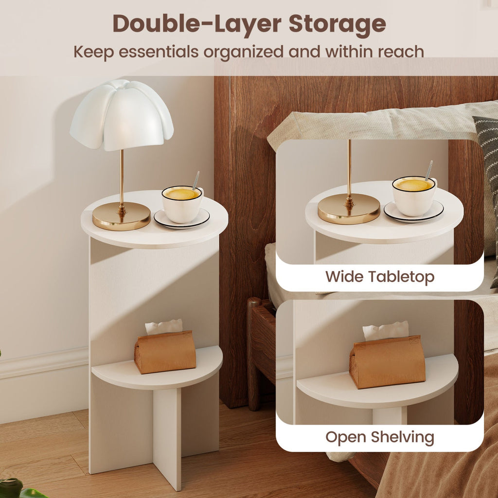 Round Side Table with Storage Shelf, 2-Tier White