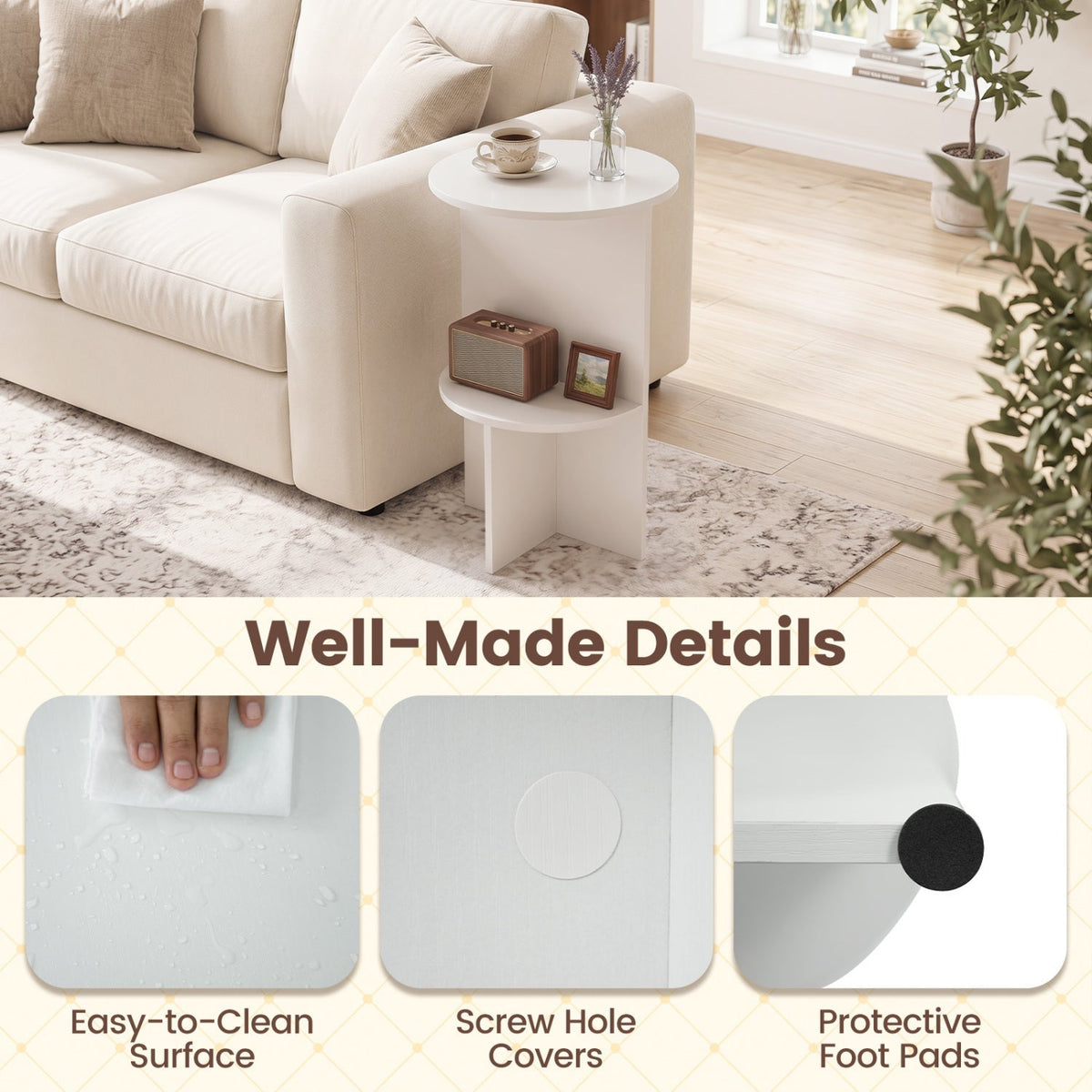 Round Side Table with Storage Shelf, 2-Tier White