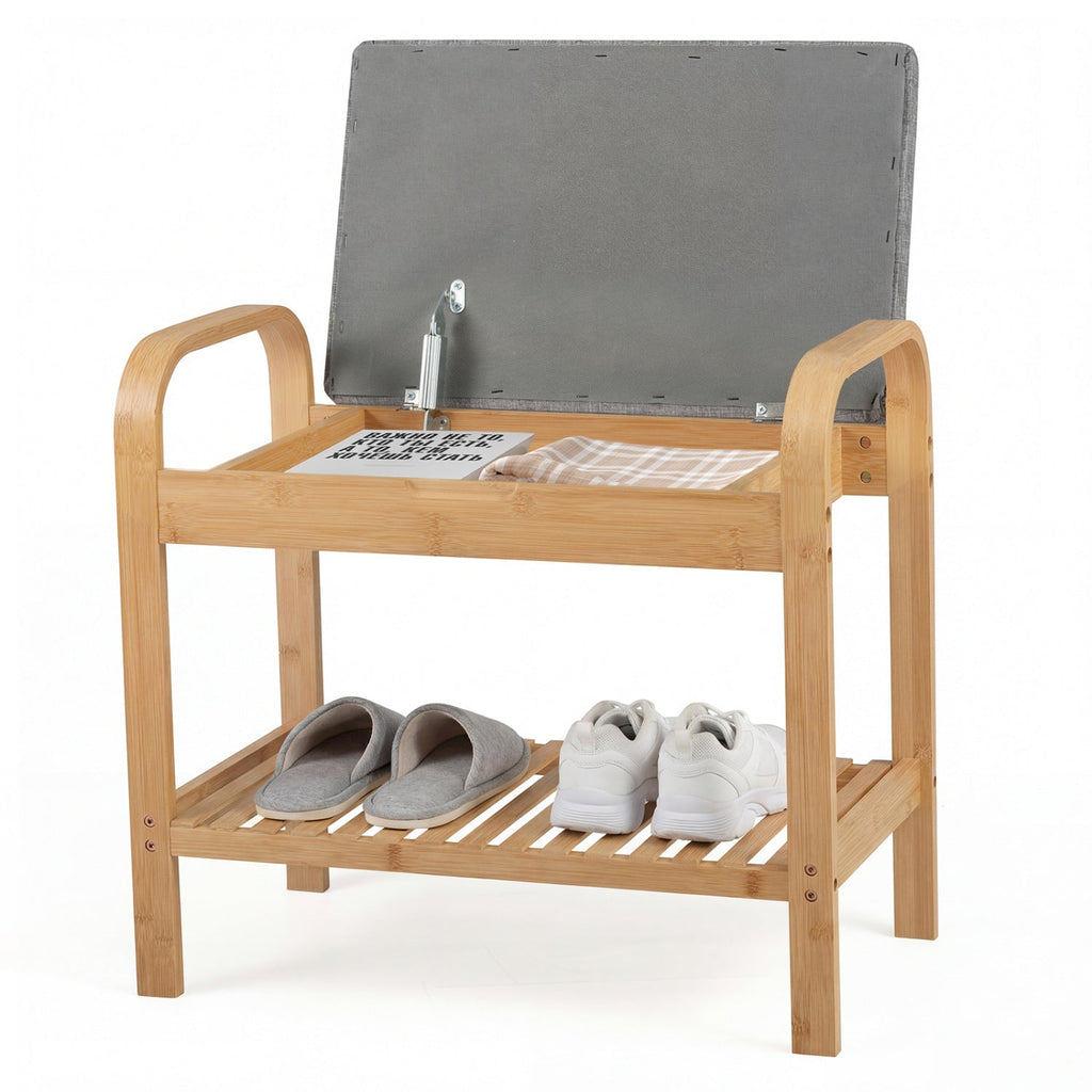2-Tier Shoe Rack Bench with Flip-Top Storage-Natural