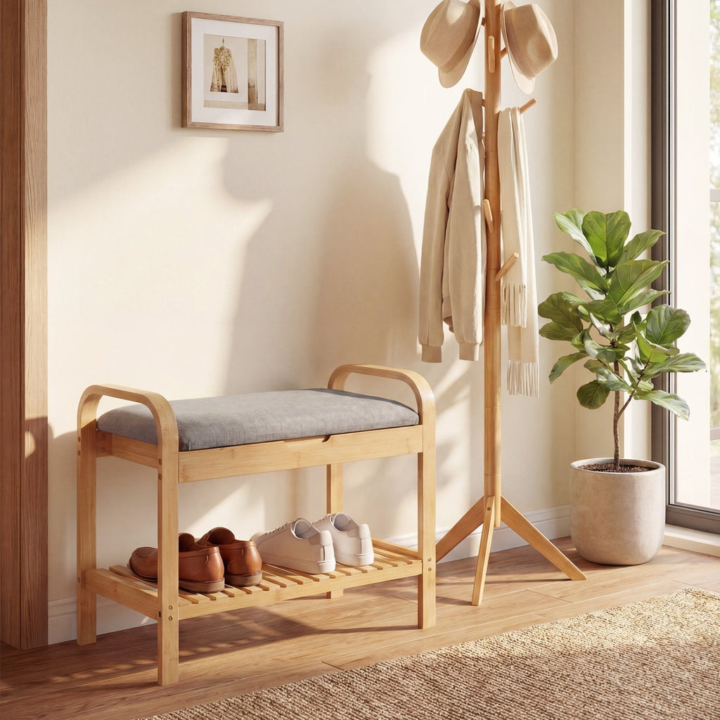2-Tier Shoe Rack Bench with Flip-Top Storage-Natural