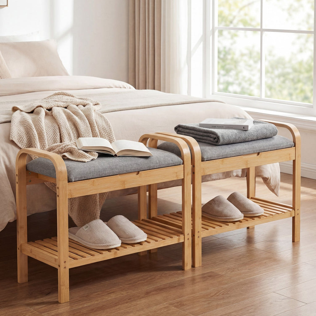 2-Tier Shoe Rack Bench with Flip-Top Storage-Natural