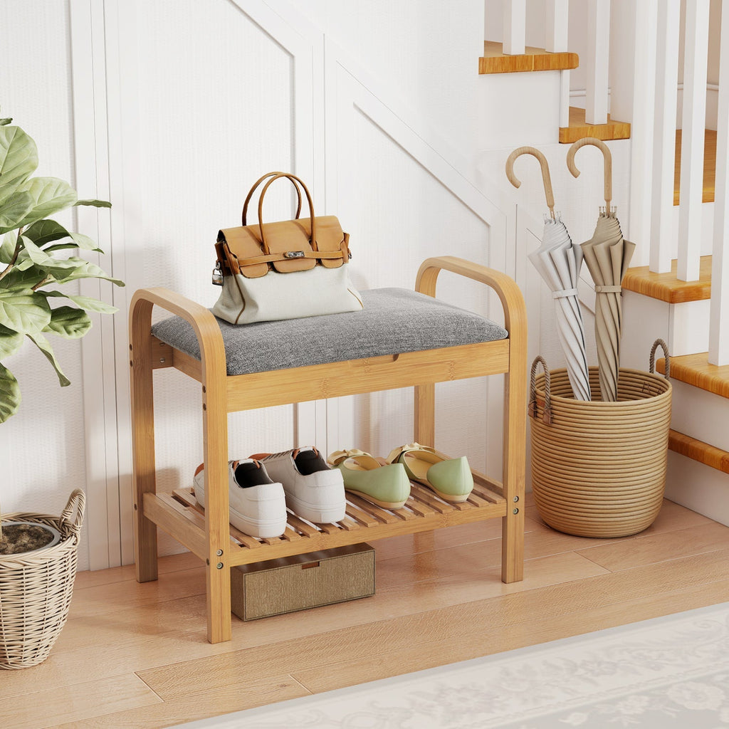 2-Tier Shoe Rack Bench with Flip-Top Storage-Natural