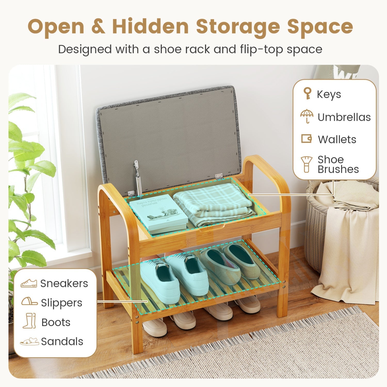 2-Tier Shoe Rack Bench with Flip-Top Storage-Natural