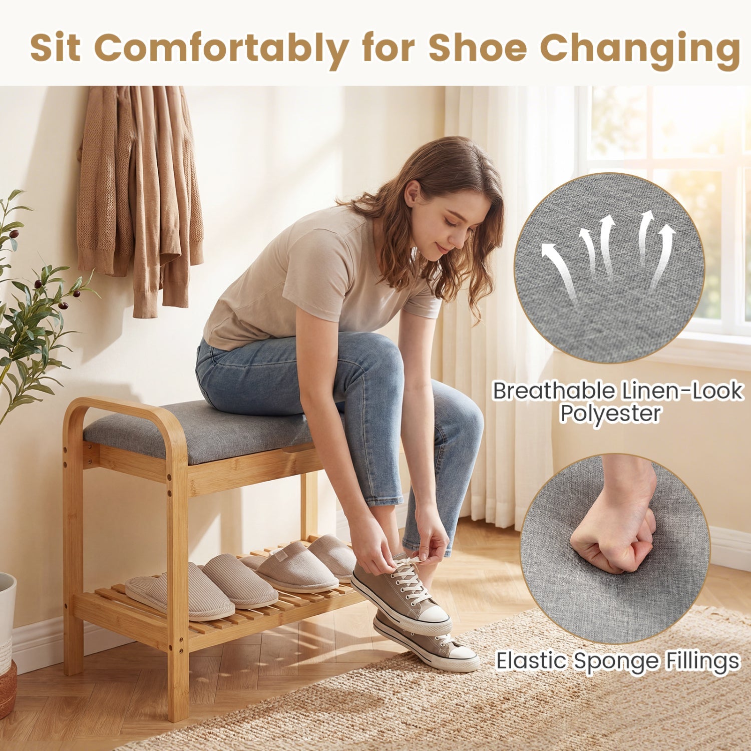 2-Tier Shoe Rack Bench with Flip-Top Storage-Natural